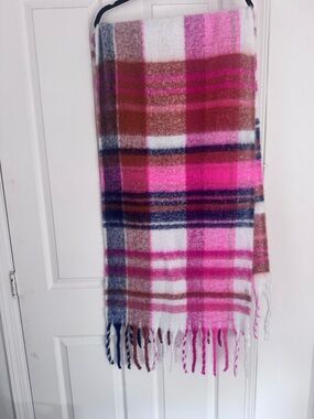 Aqua Pink White Brown Plaid Fringe Scarf Wrap